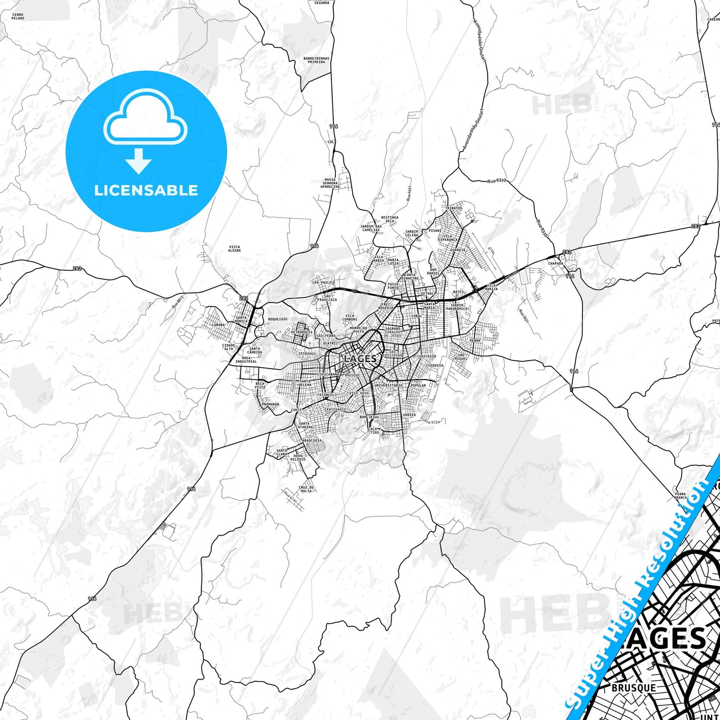 Lages, Brazil light map with streetnames, citynames and districts