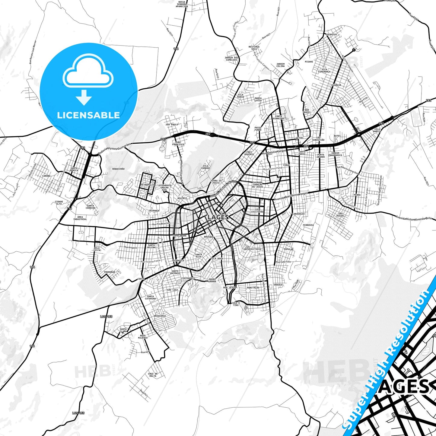 Lages, Brazil Light Map with Street Names, City Names, and Districts