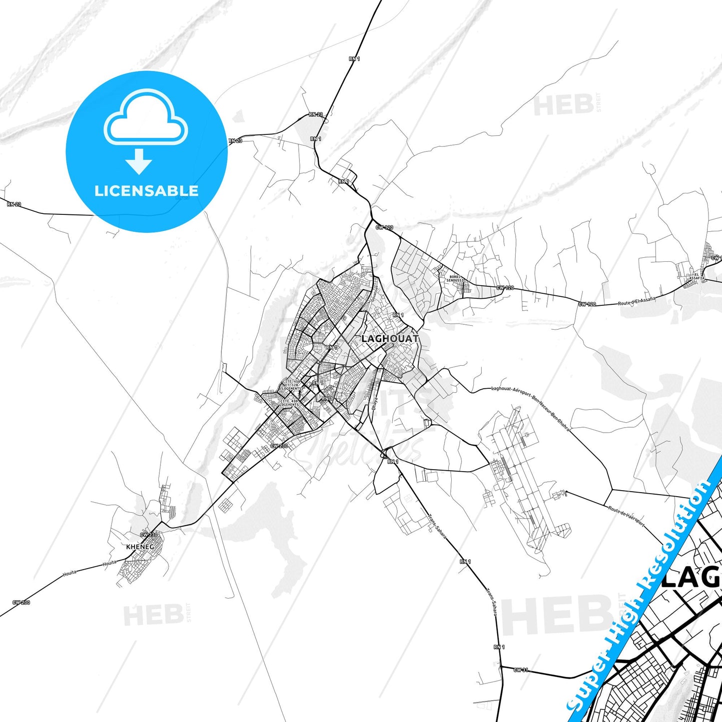 Laghouat, Algeria light map with streetnames, citynames and districts