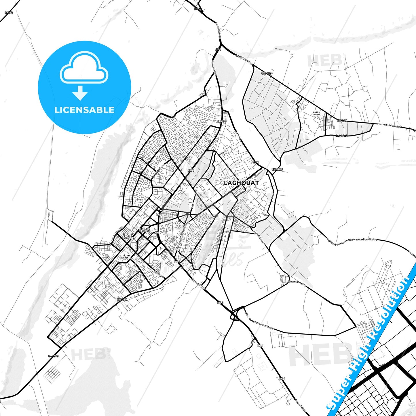 Laghouat, Algeria Light Map with Street Names, City Names, and Districts