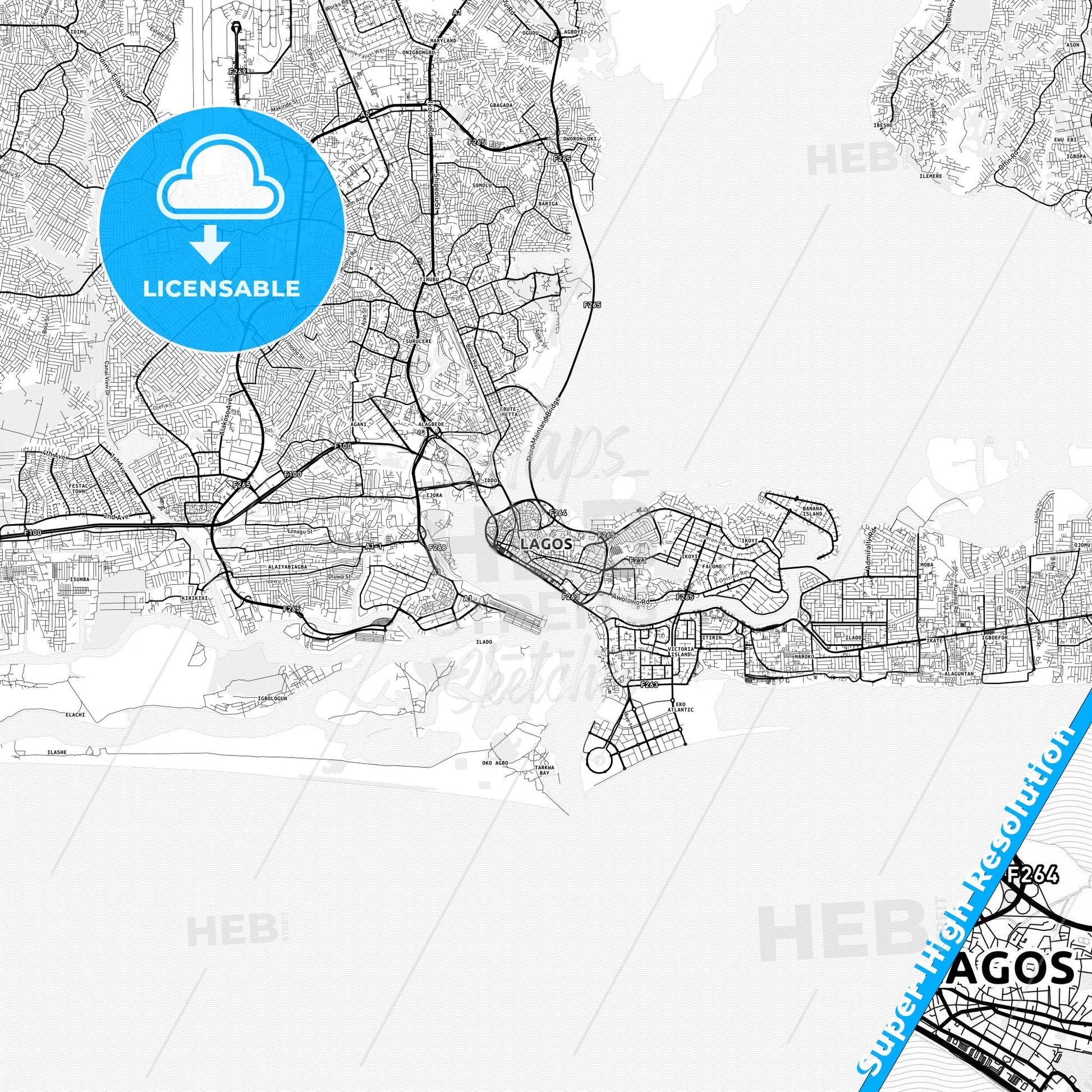 Lagos, Nigeria light map with streetnames, citynames and districts
