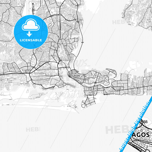 Lagos, Nigeria light map with streetnames, citynames and districts