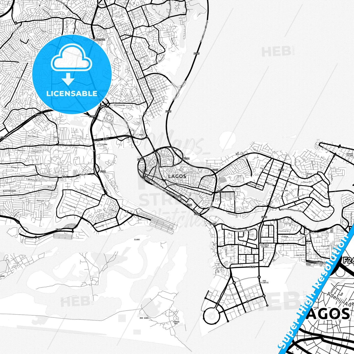 Lagos, Nigeria Light Map with Street Names, City Names, and Districts