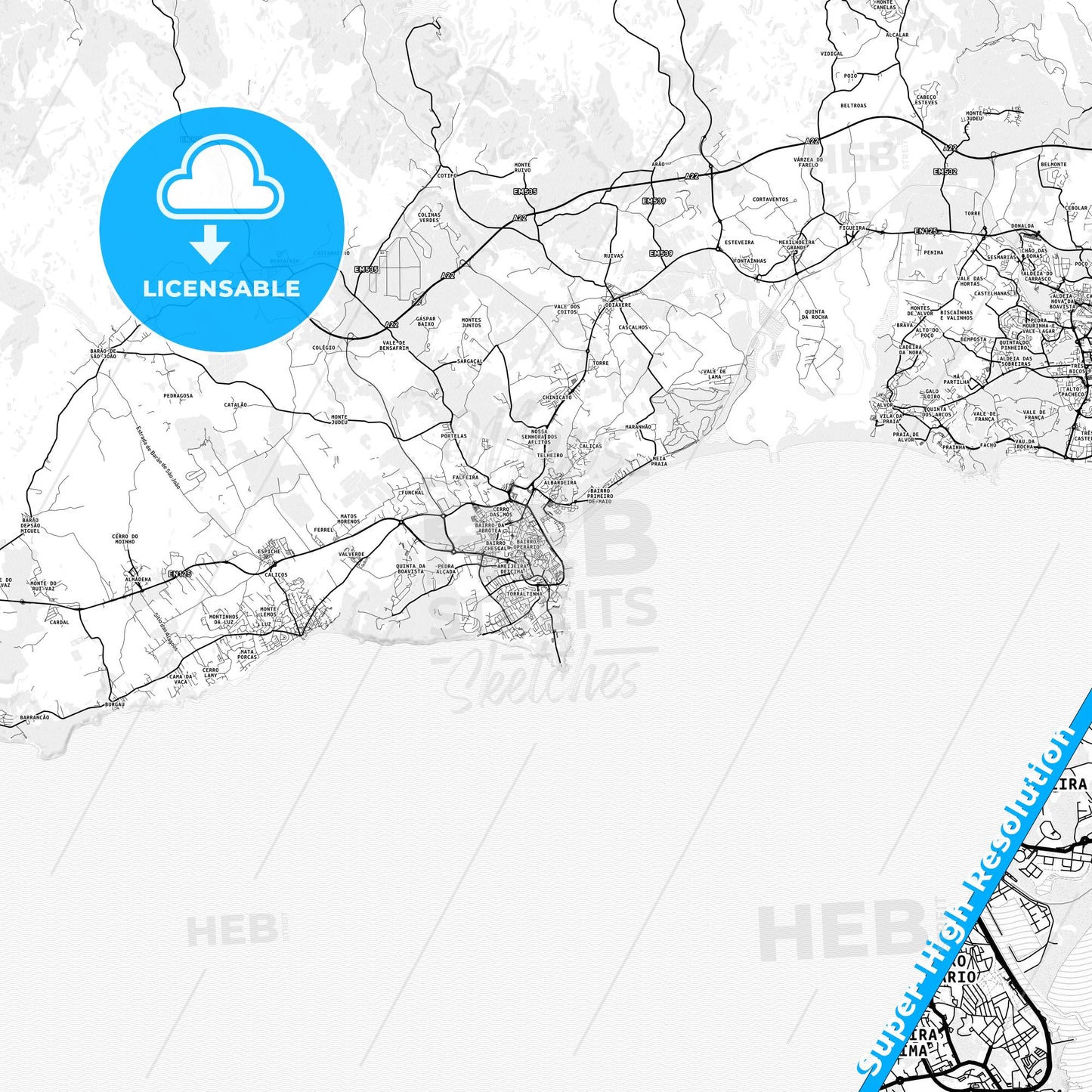 Lagos, Portugal light map with streetnames, citynames and districts