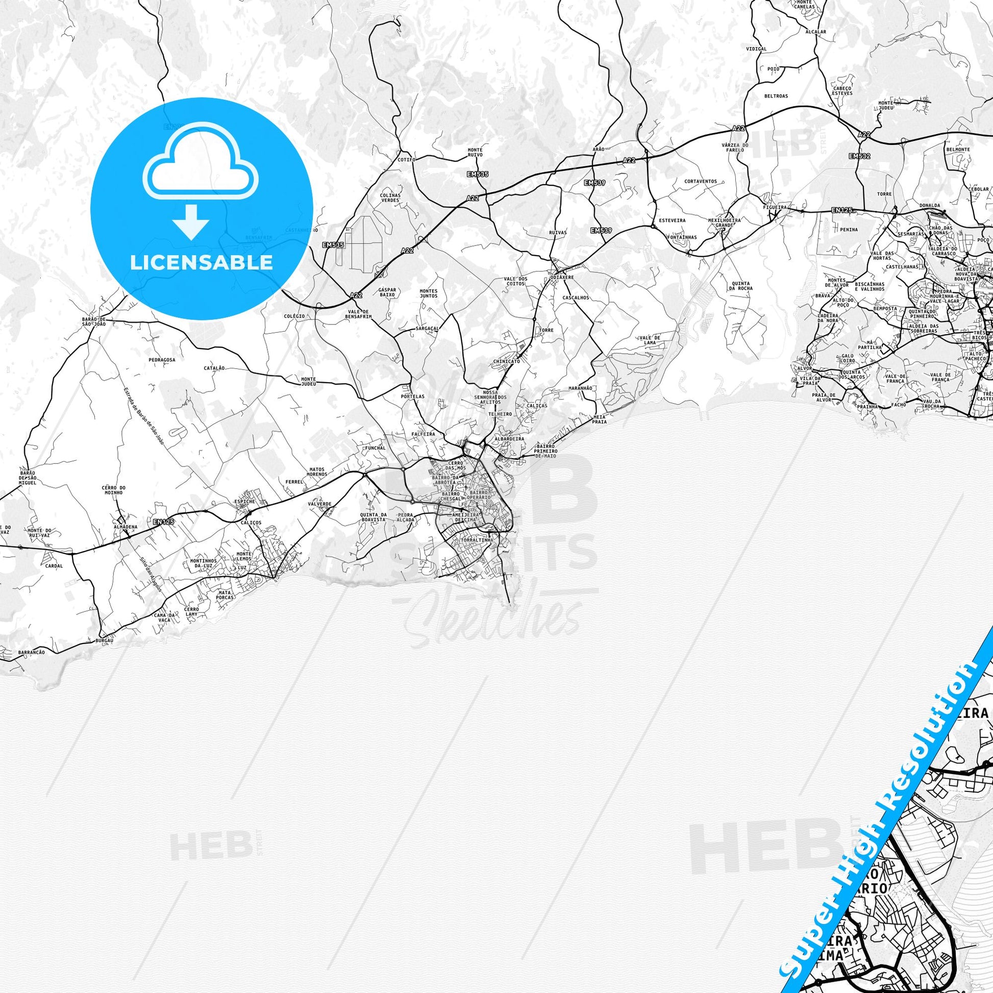 Lagos, Portugal light map with streetnames, citynames and districts