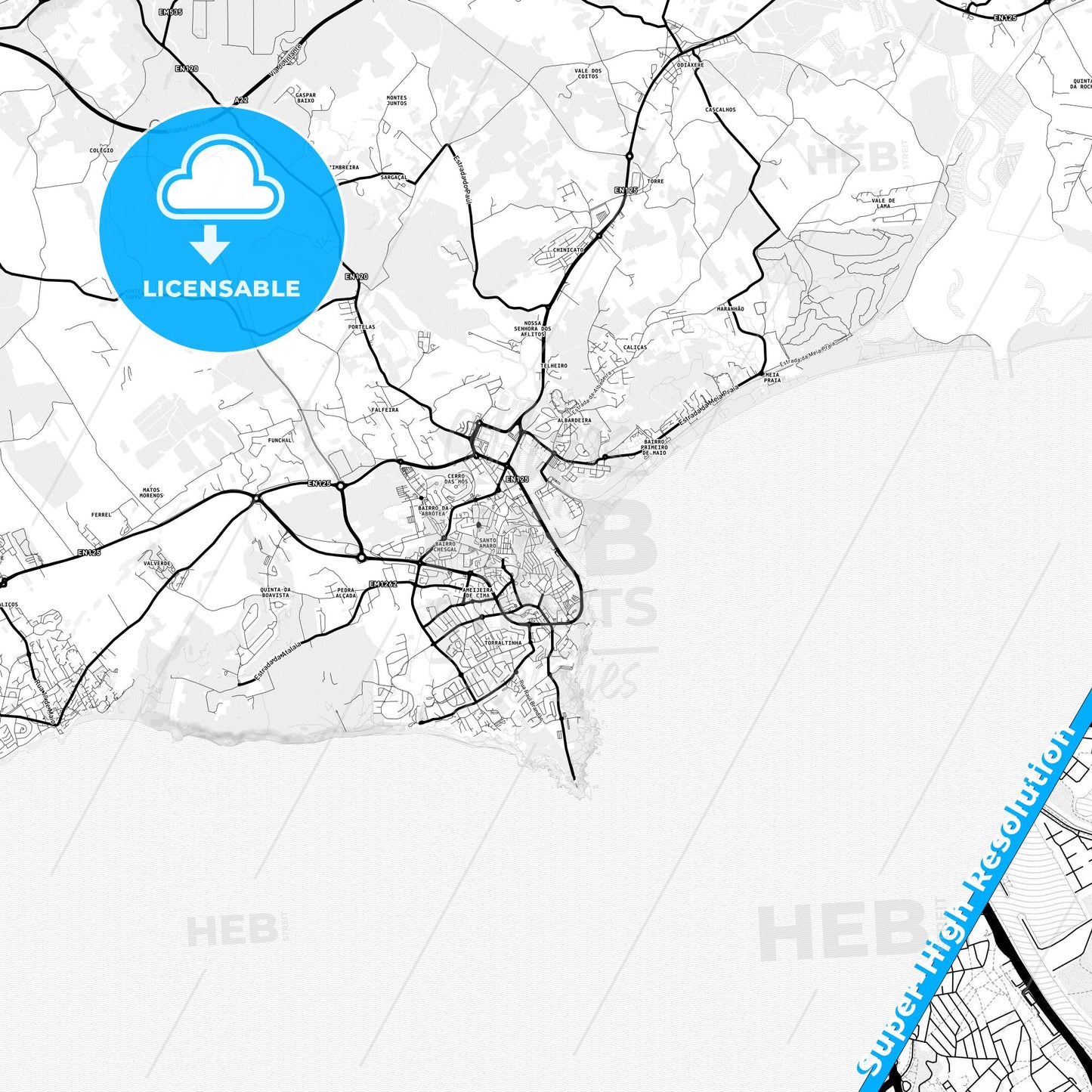 Lagos, Portugal Light Map with Street Names, City Names, and Districts