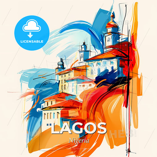 Vibrant Lagos, Nigeria - A Painting Of Buildings And Colorful Brush Strokes - Square format print template