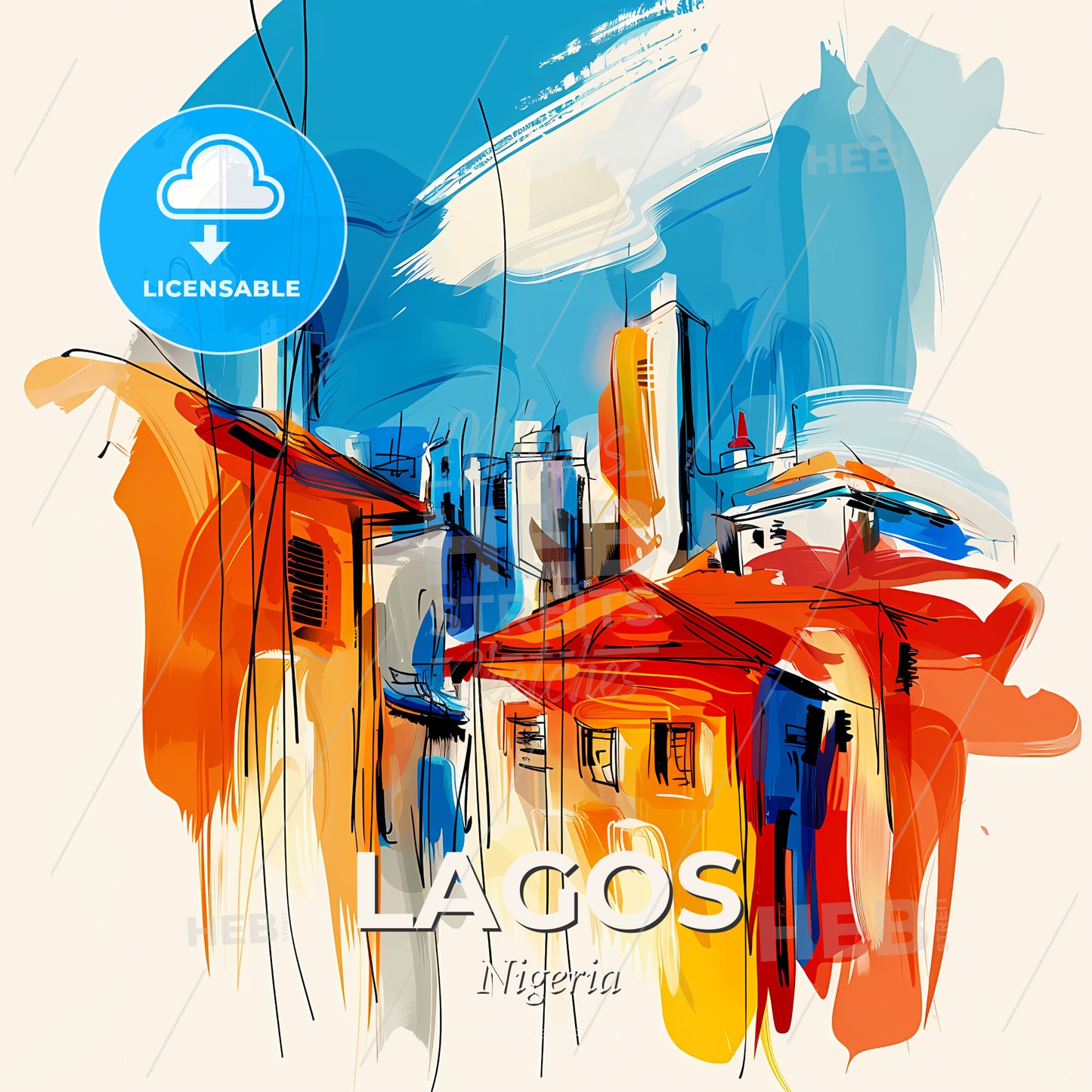 Vibrant Lagos, Nigeria - A Painting Of Buildings And A Blue Sky - Square format print template