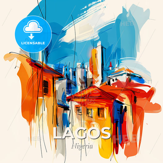 Vibrant Lagos, Nigeria - A Painting Of Buildings And A Blue Sky - Square format print template