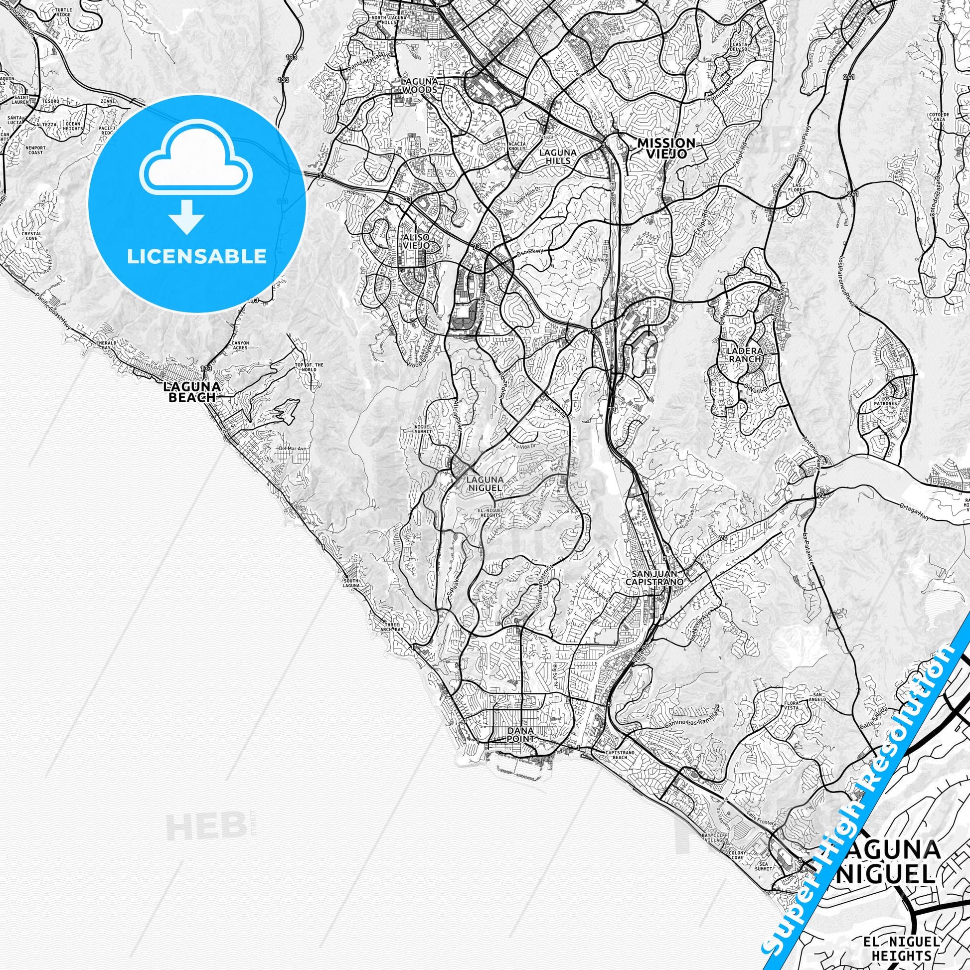 Laguna Niguel, California light map with streetnames, citynames and districts
