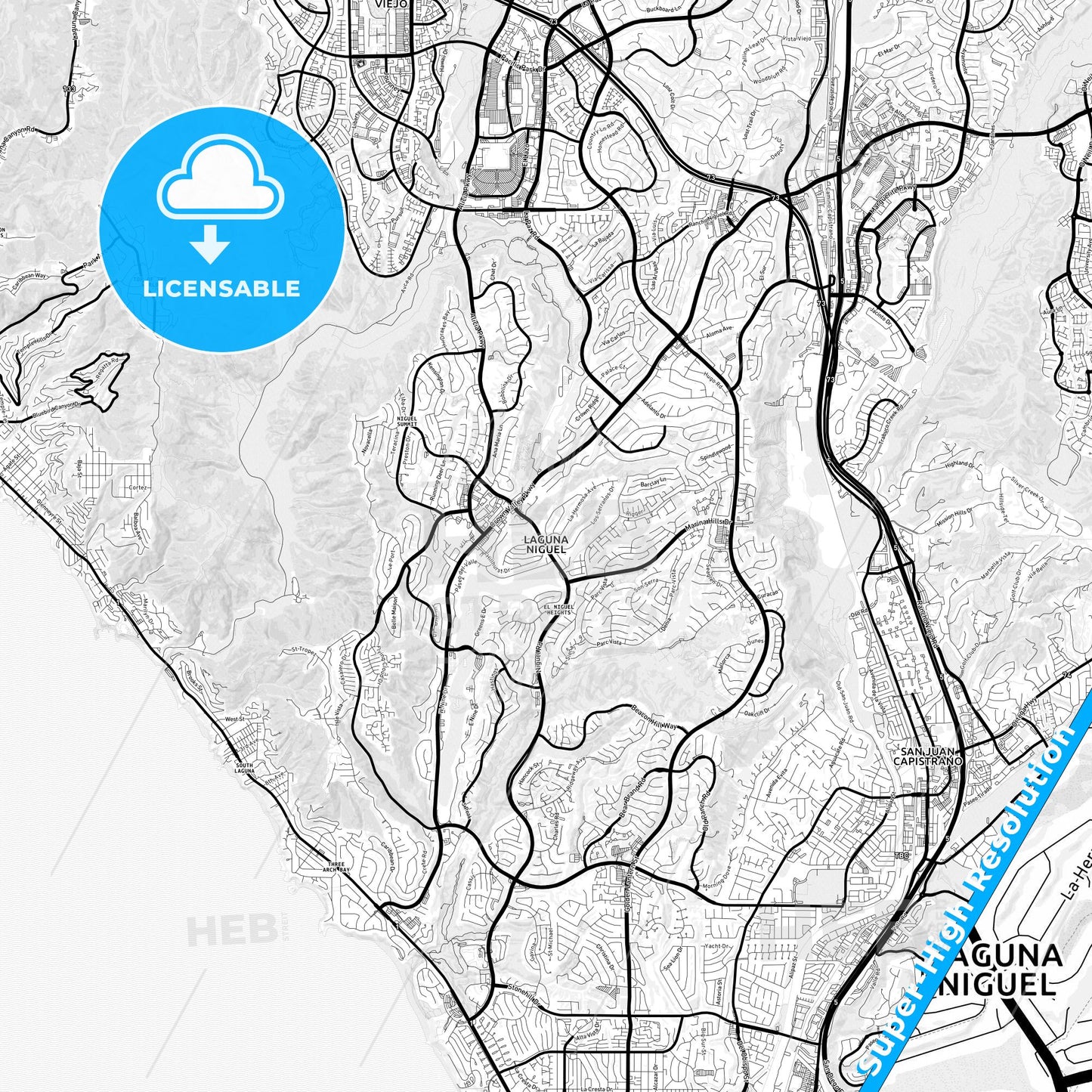 Laguna Niguel, California Light Map with Street Names, City Names, and Districts