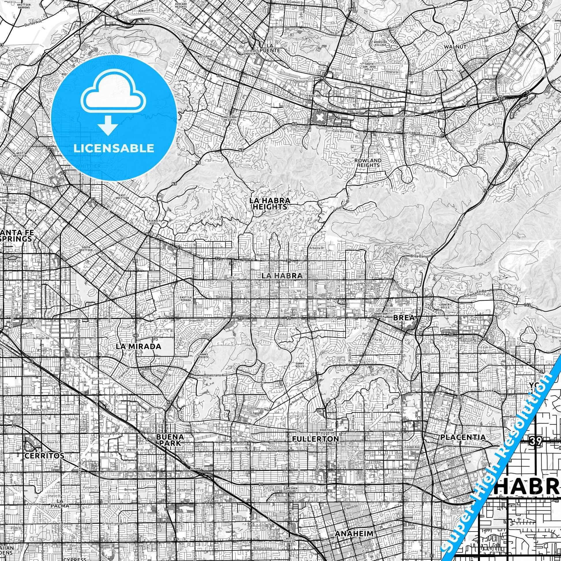 La Habra, California light map with streetnames, citynames and districts