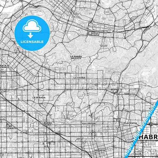 La Habra, California light map with streetnames, citynames and districts