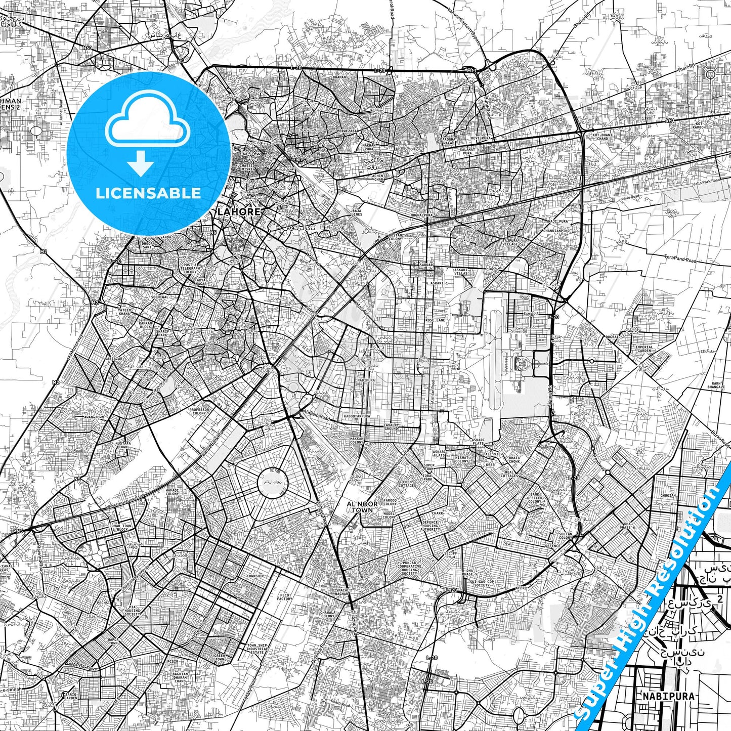 Lahore, Pakistan light map with streetnames, citynames and districts