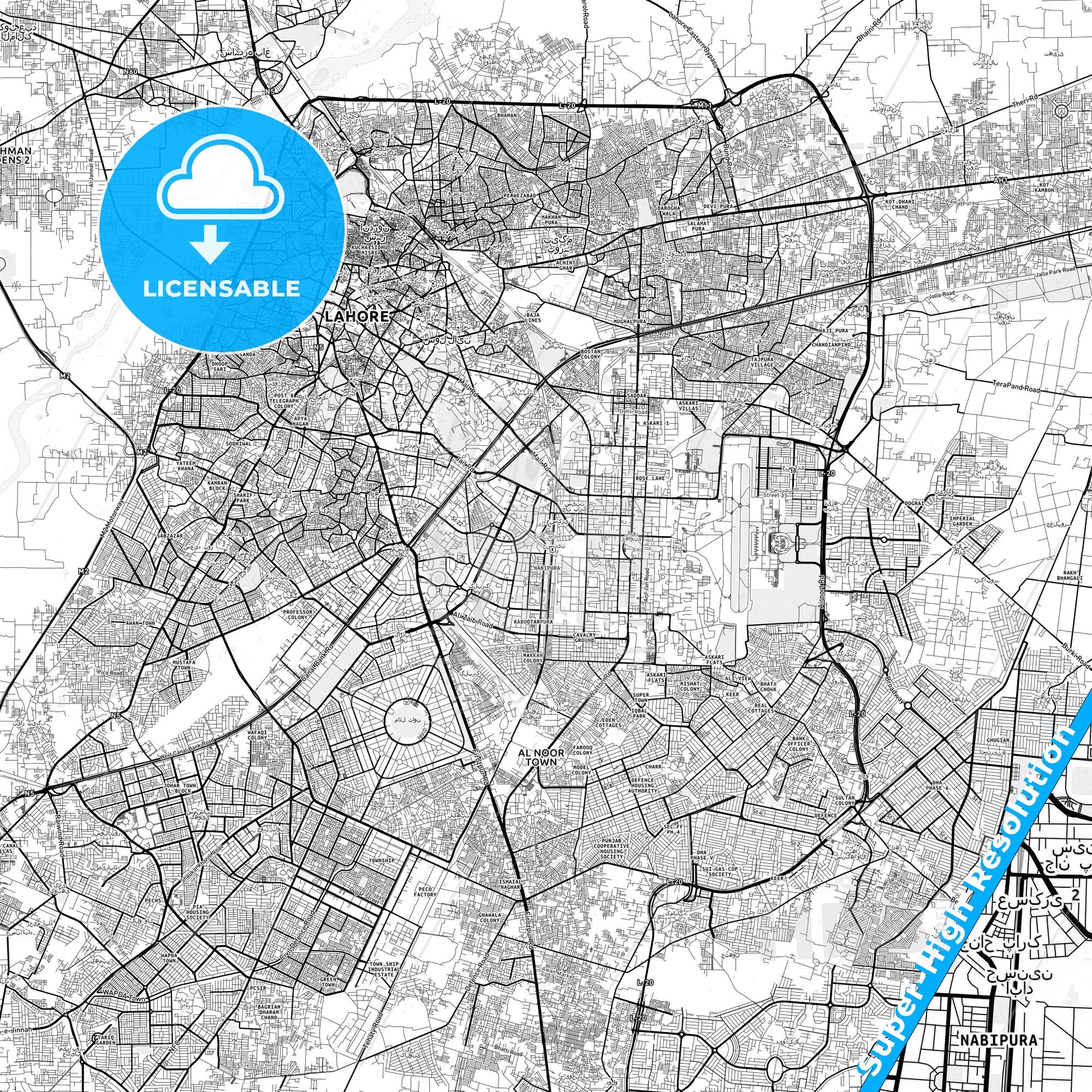 Lahore, Pakistan light map with streetnames, citynames and districts