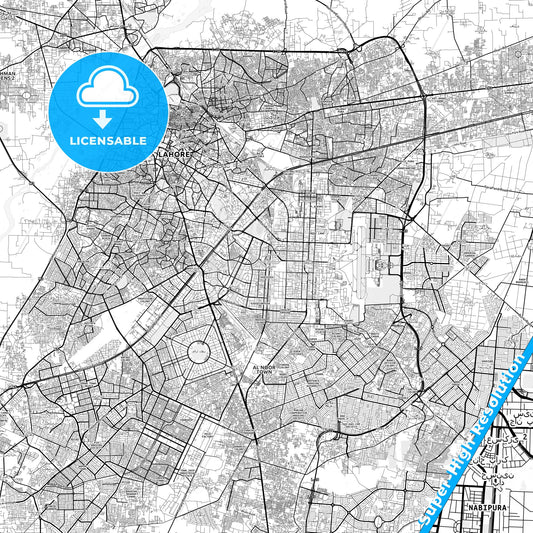 Lahore, Pakistan light map with streetnames, citynames and districts