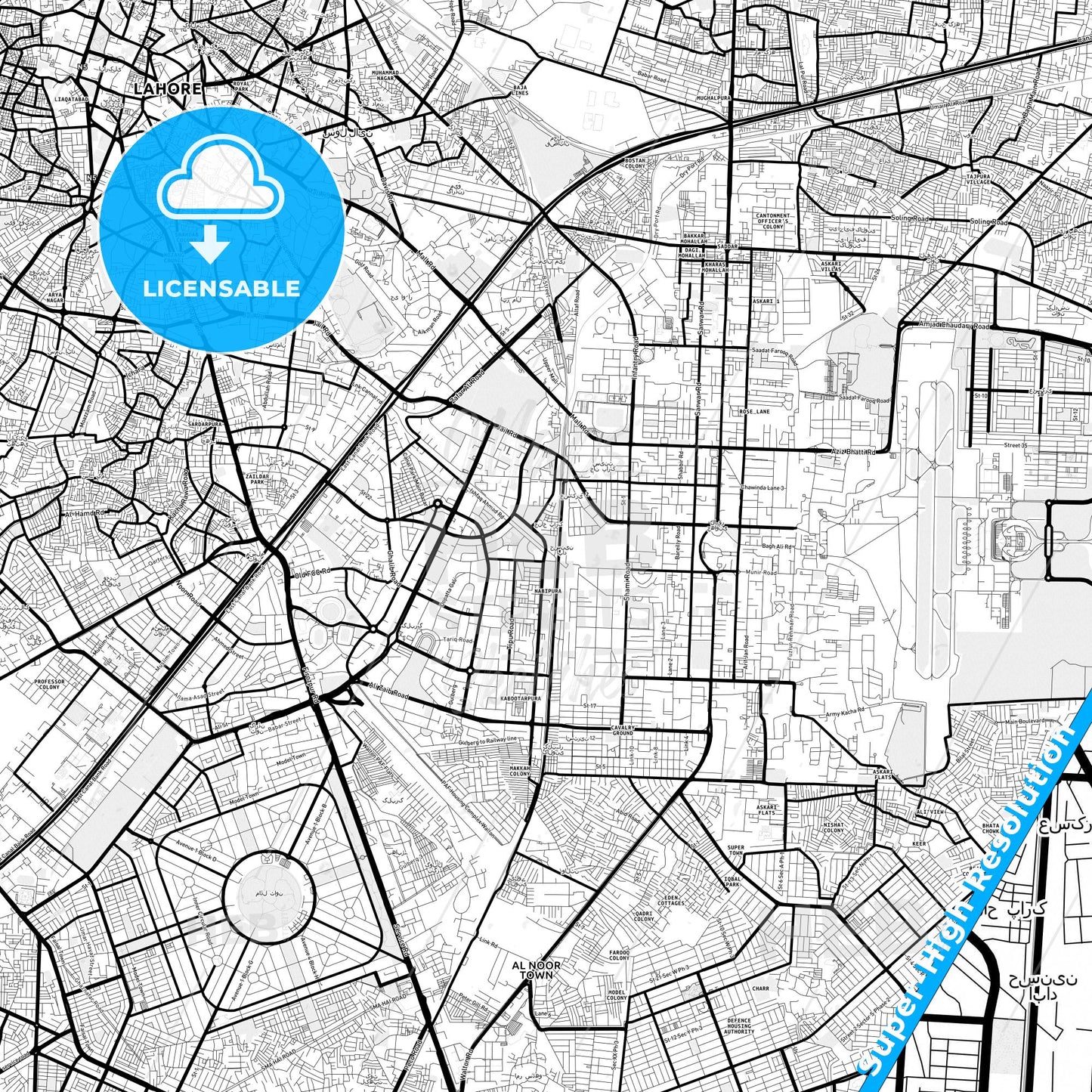 Lahore, Pakistan Light Map with Street Names, City Names, and Districts