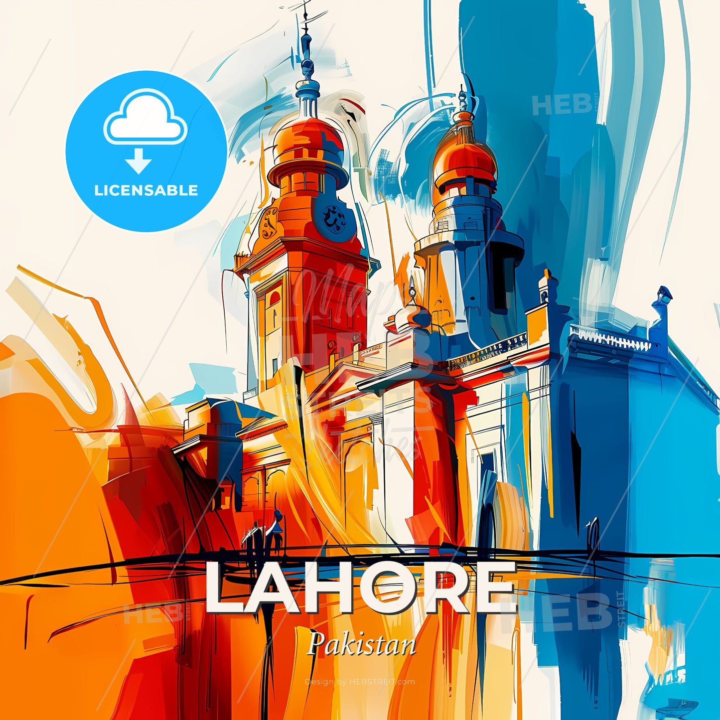 Vibrant Lahore, Pakistan - A Painting Of A Building With A Clock Tower - Square format print template