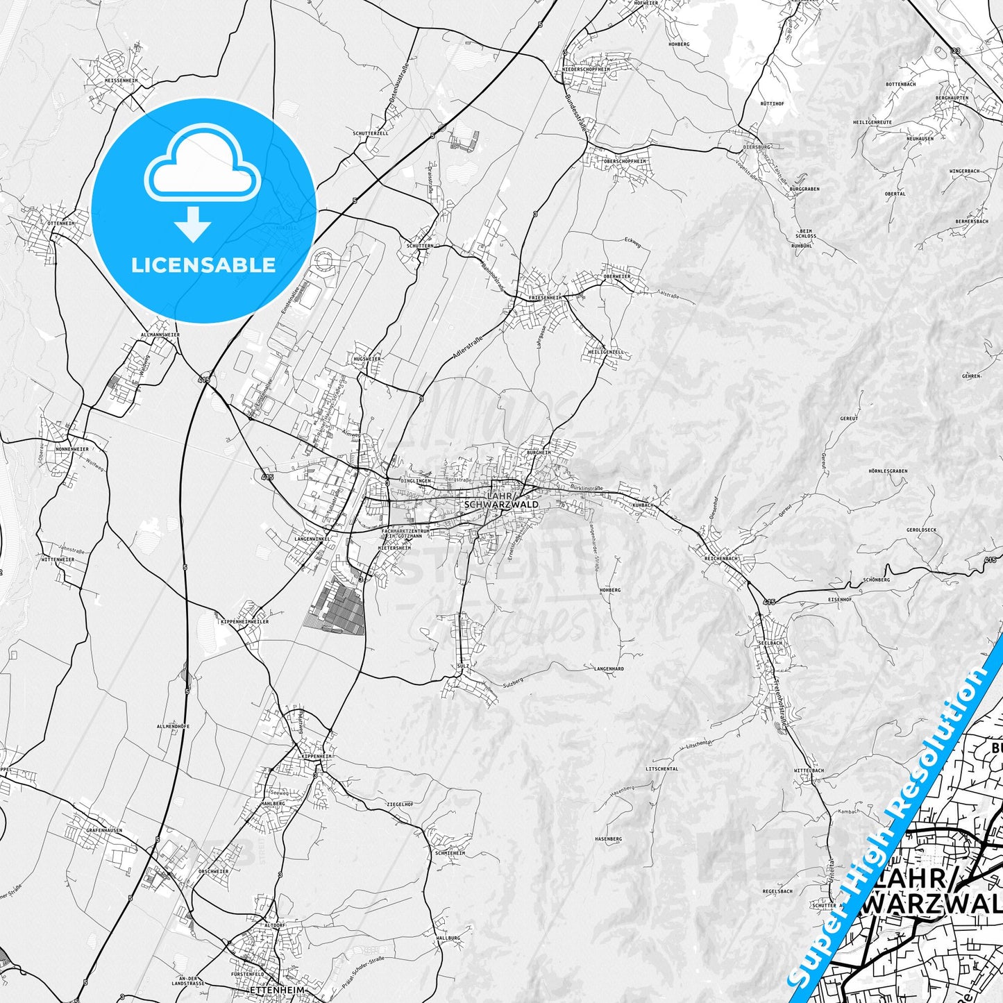 Lahr/Schwarzwald, Germany light map with streetnames, citynames and districts