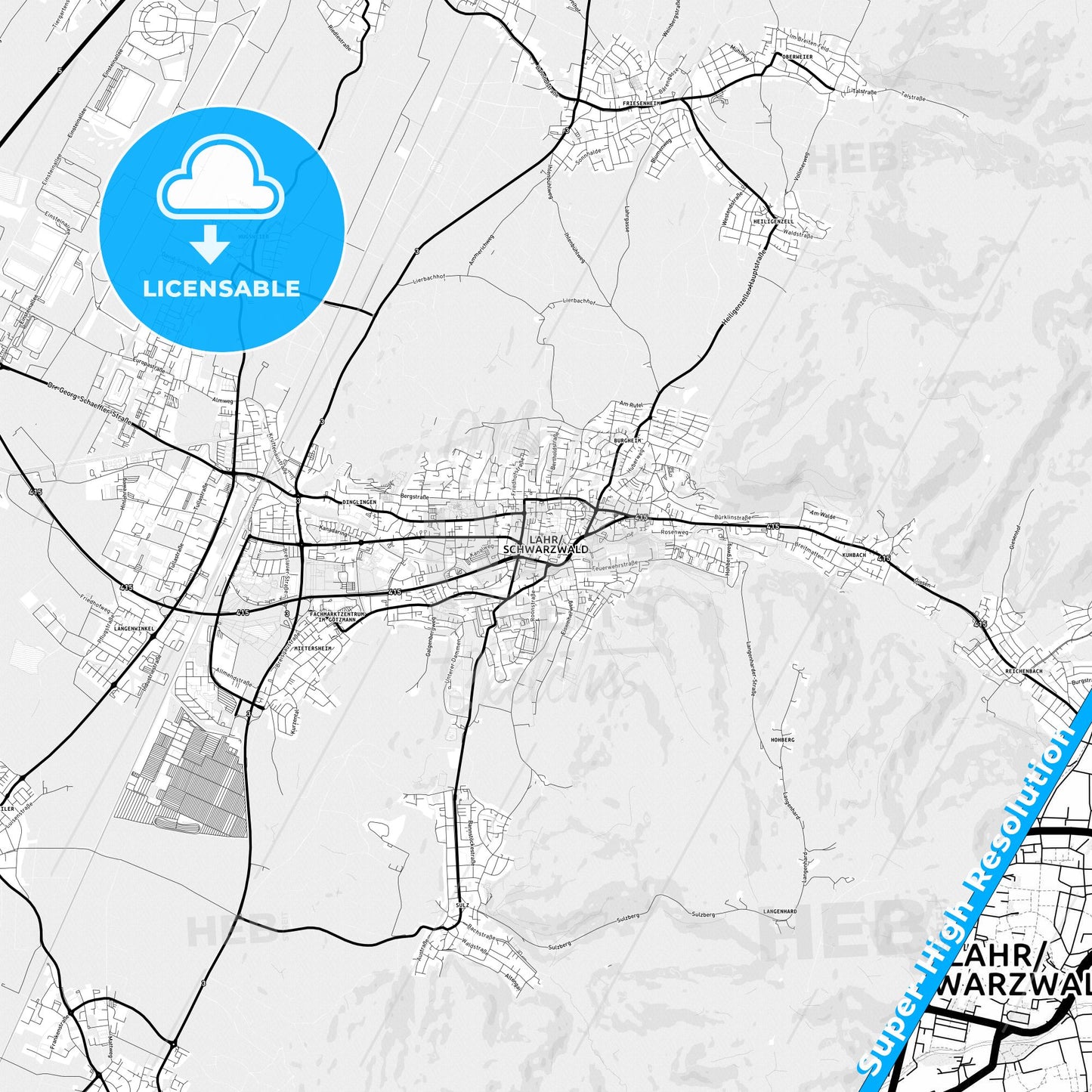 Lahr/Schwarzwald, Germany Light Map with Street Names, City Names, and Districts