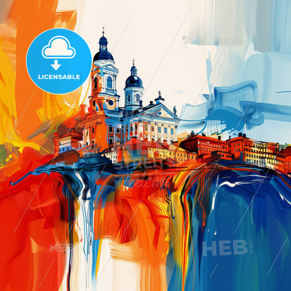 Vibrant Lahti, Finland - A Painting Of A Building On A Hill