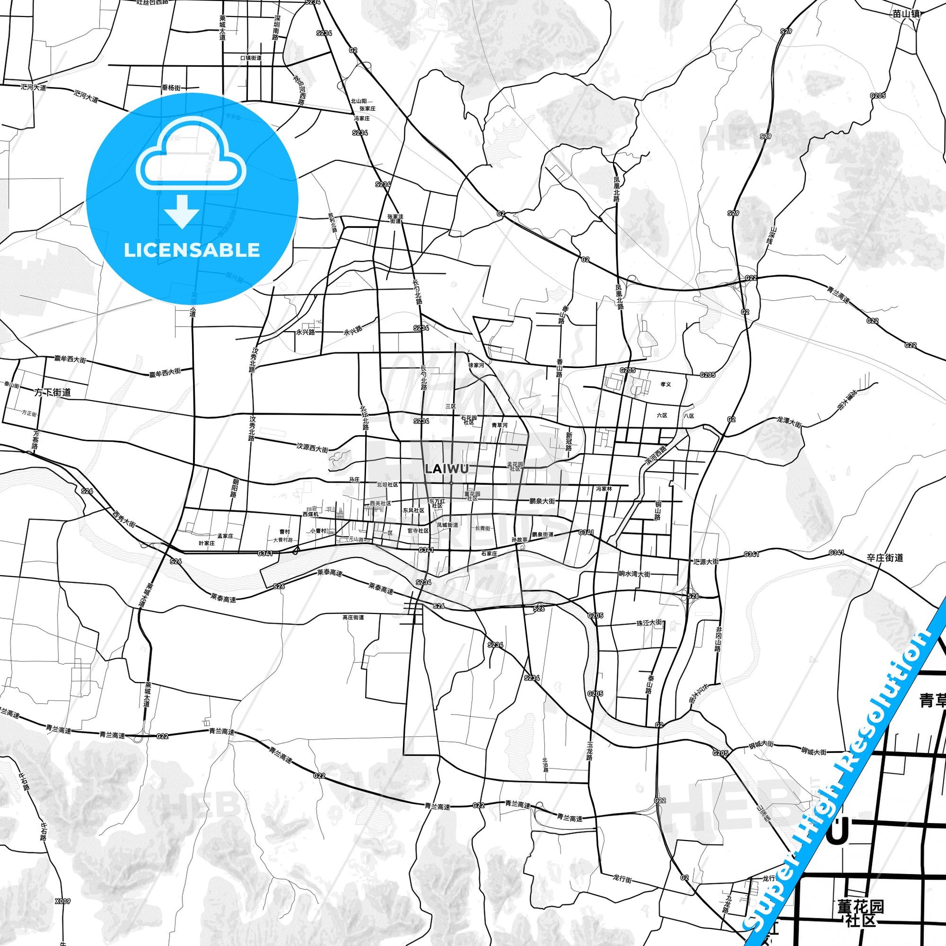 Laiwu, China light map with streetnames, citynames and districts