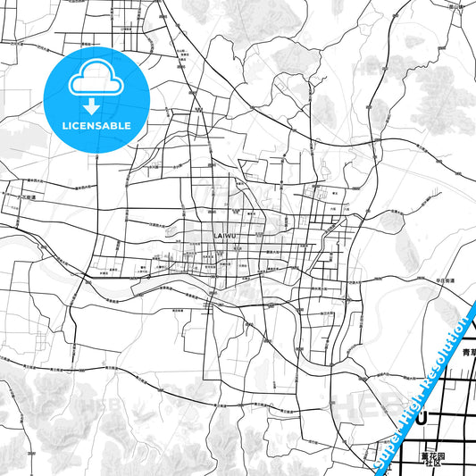 Laiwu, China light map with streetnames, citynames and districts