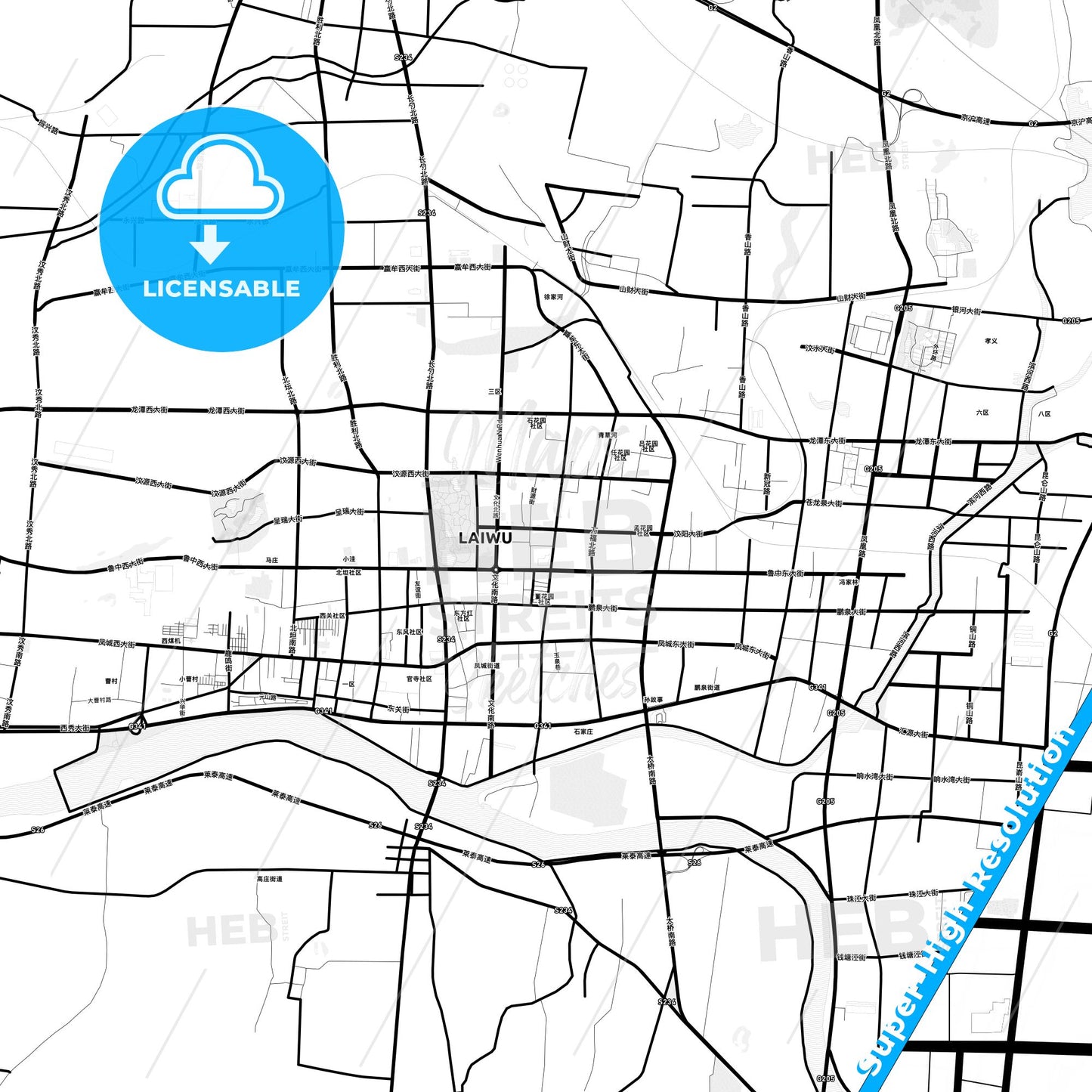Laiwu, China Light Map with Street Names, City Names, and Districts