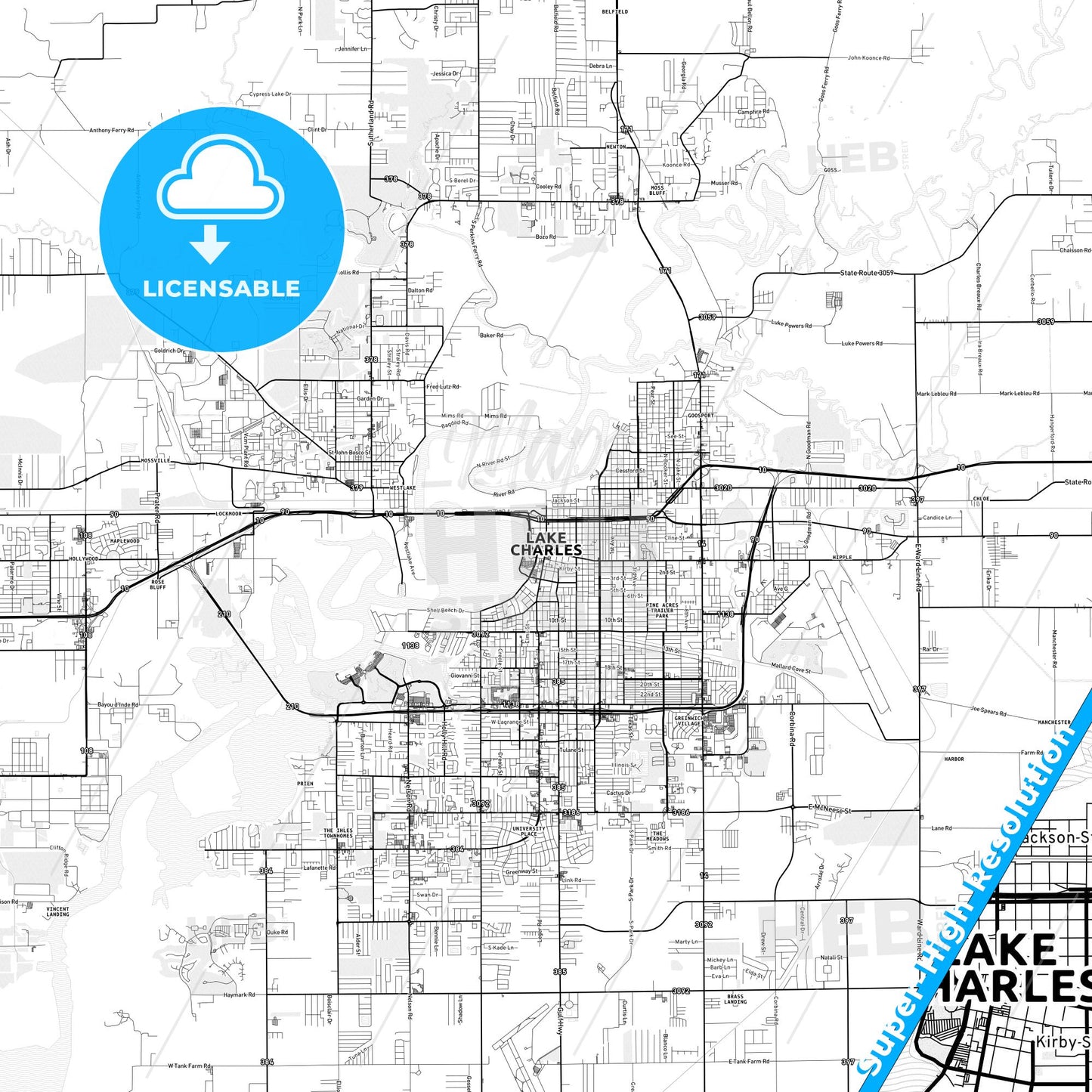 Lake Charles, Louisiana light map with streetnames, citynames and districts