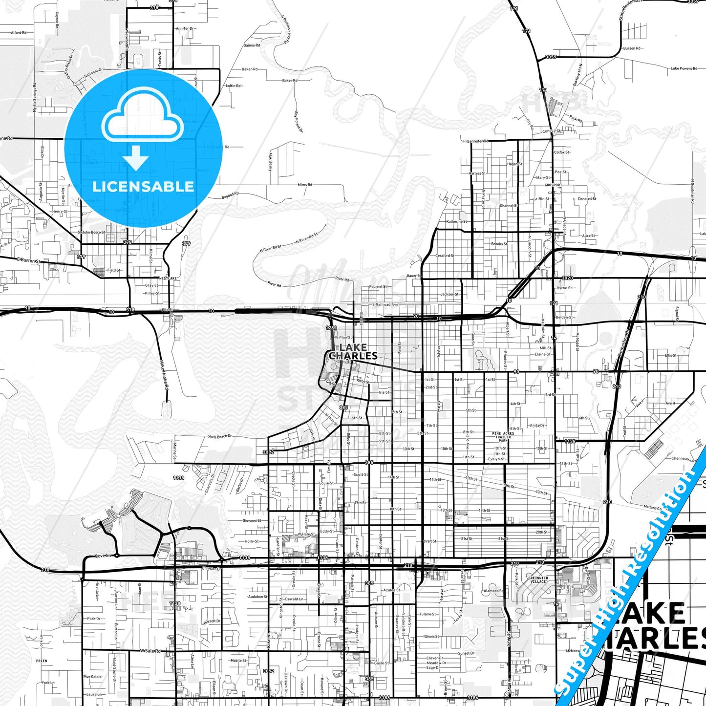 Lake Charles, Louisiana Light Map with Street Names, City Names, and Districts