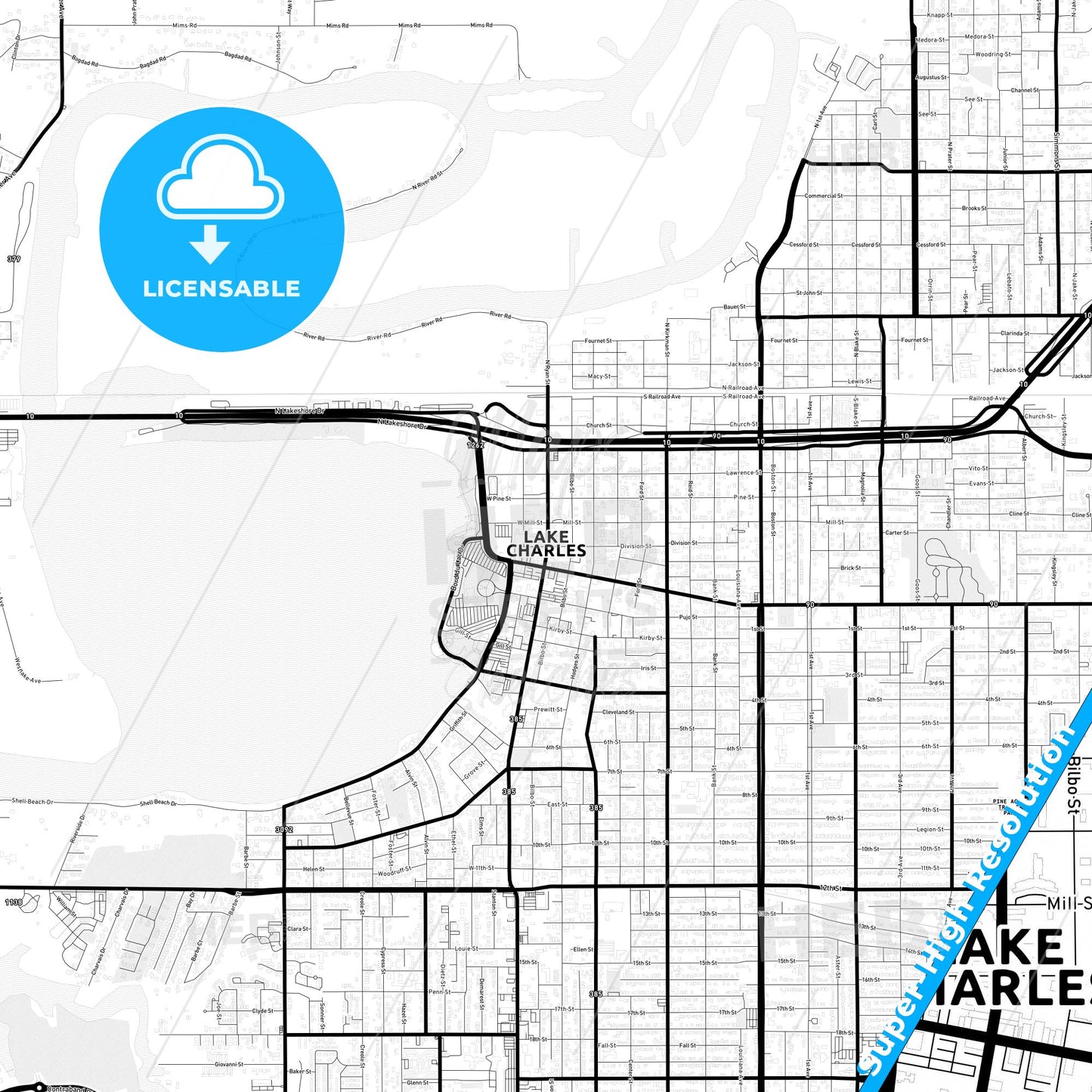 Lake Charles, Louisiana Light Map with Street Names, City Names, and Districts