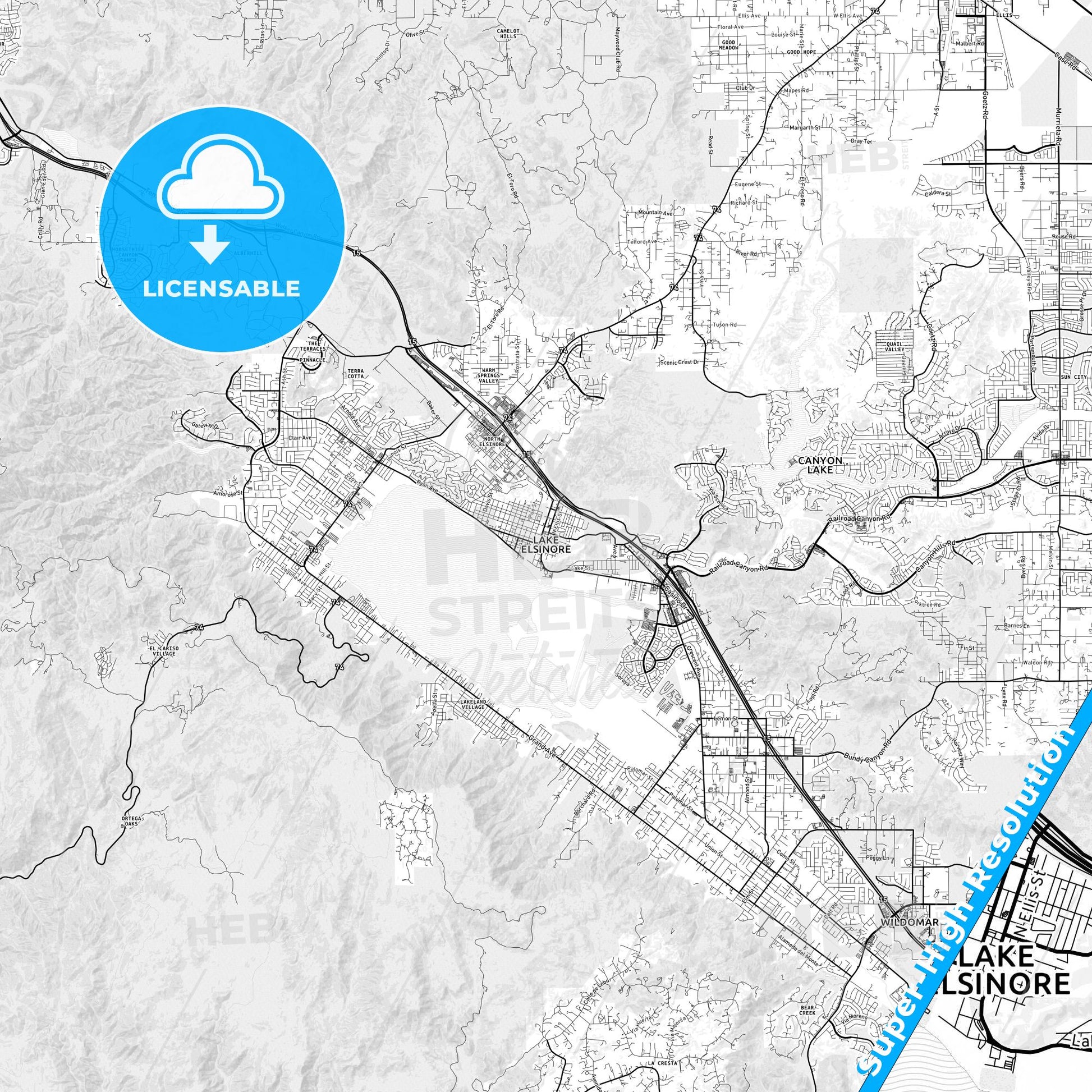 Lake Elsinore, California light map with streetnames, citynames and districts