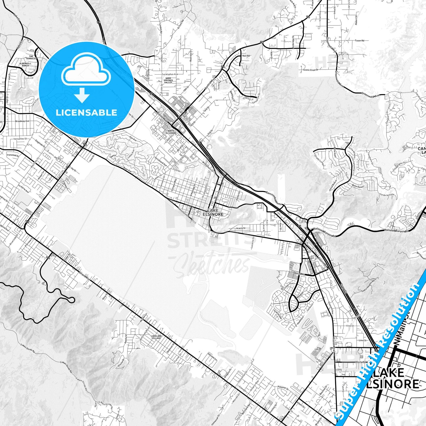 Lake Elsinore, California Light Map with Street Names, City Names, and Districts