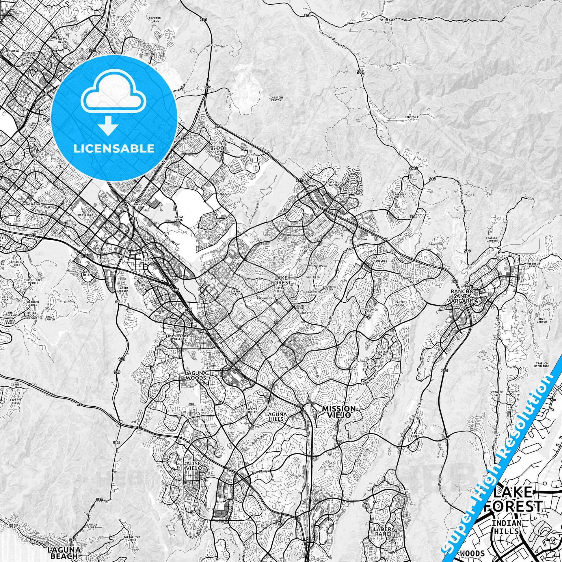 Lake Forest, California light map with streetnames, citynames and districts