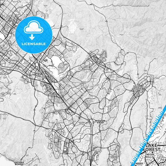 Lake Forest, California light map with streetnames, citynames and districts