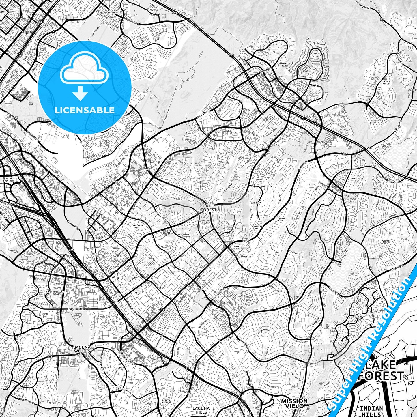 Lake Forest, California Light Map with Street Names, City Names, and Districts