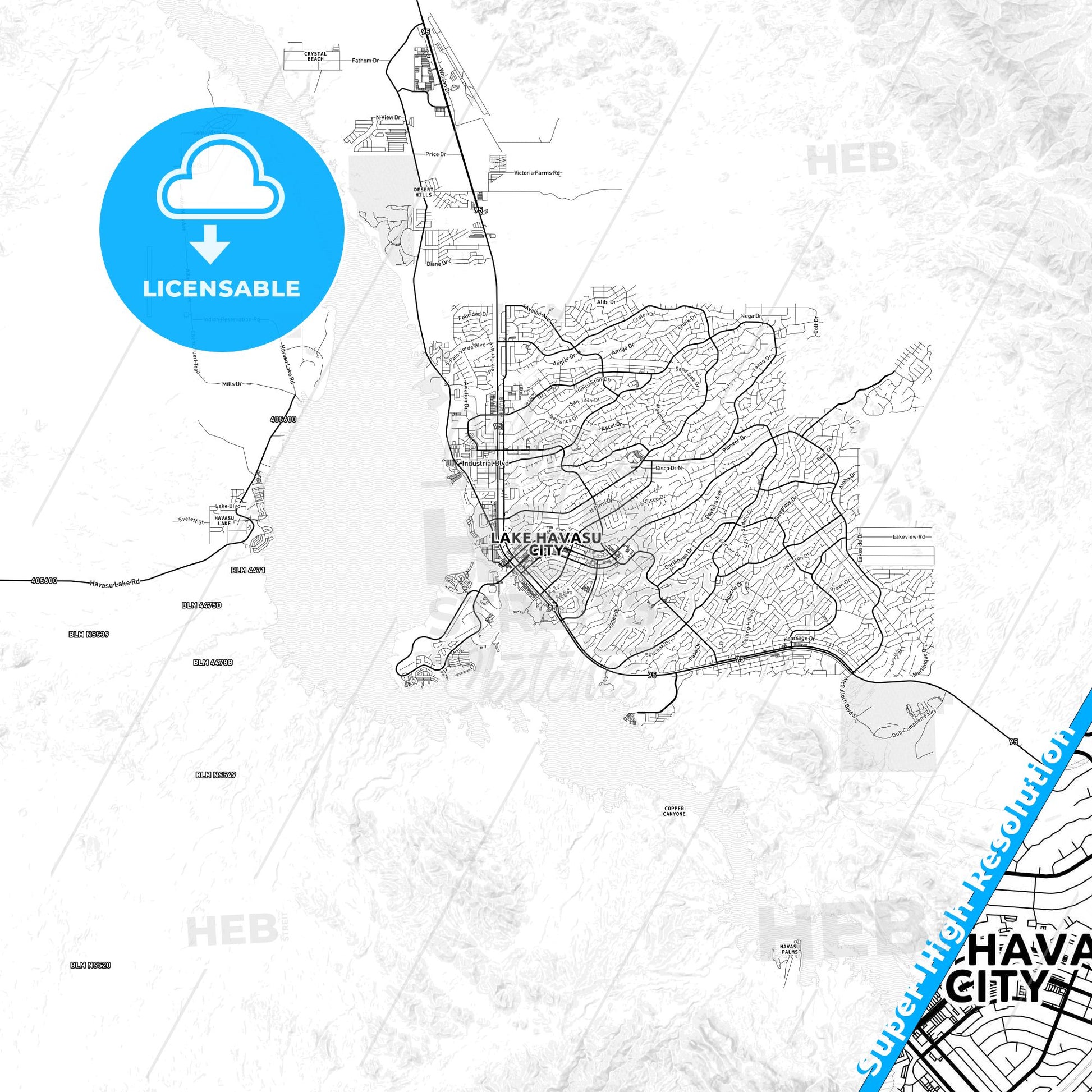 Lake Havasu City, Arizona light map with streetnames, citynames and districts