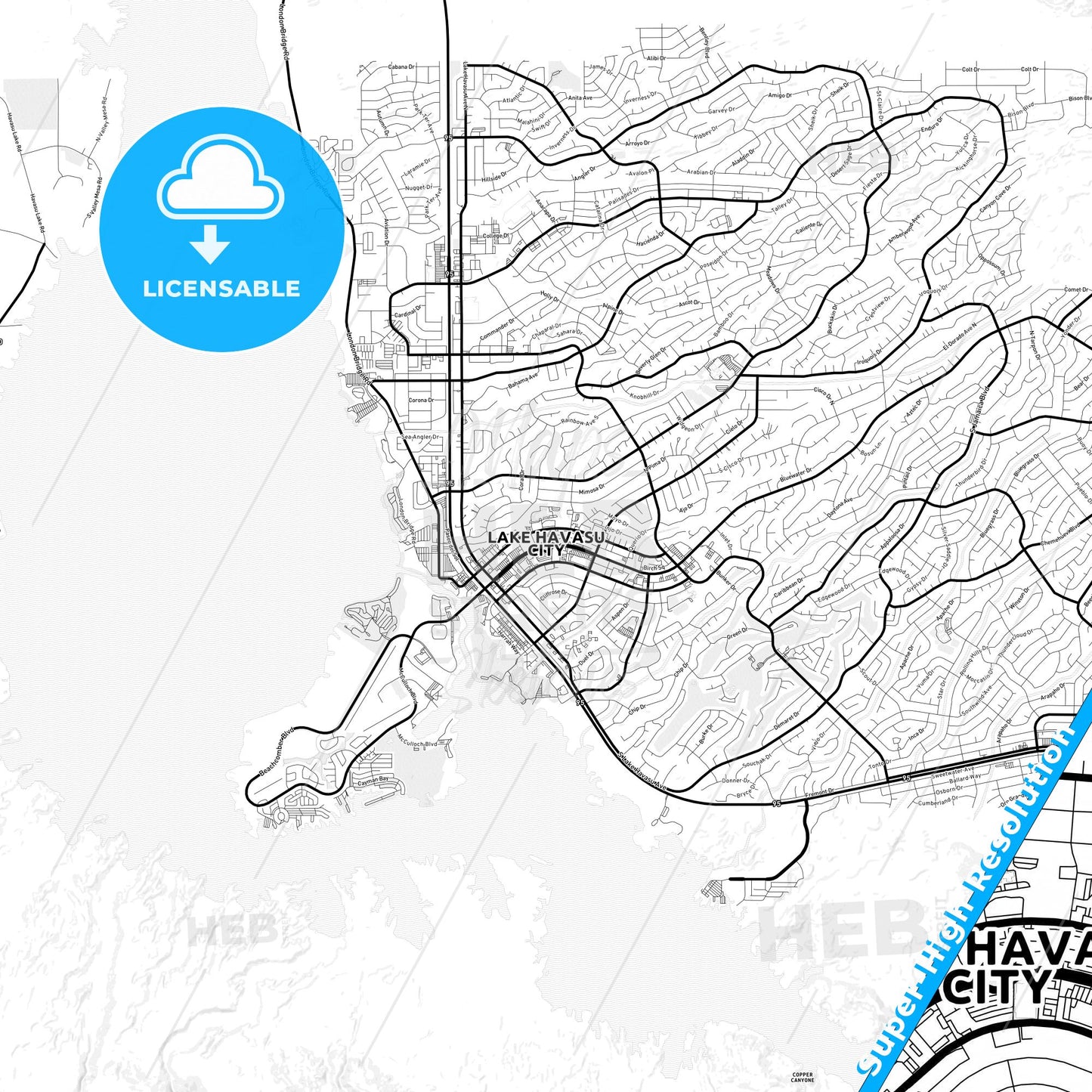 Lake Havasu City, Arizona Light Map with Street Names, City Names, and Districts