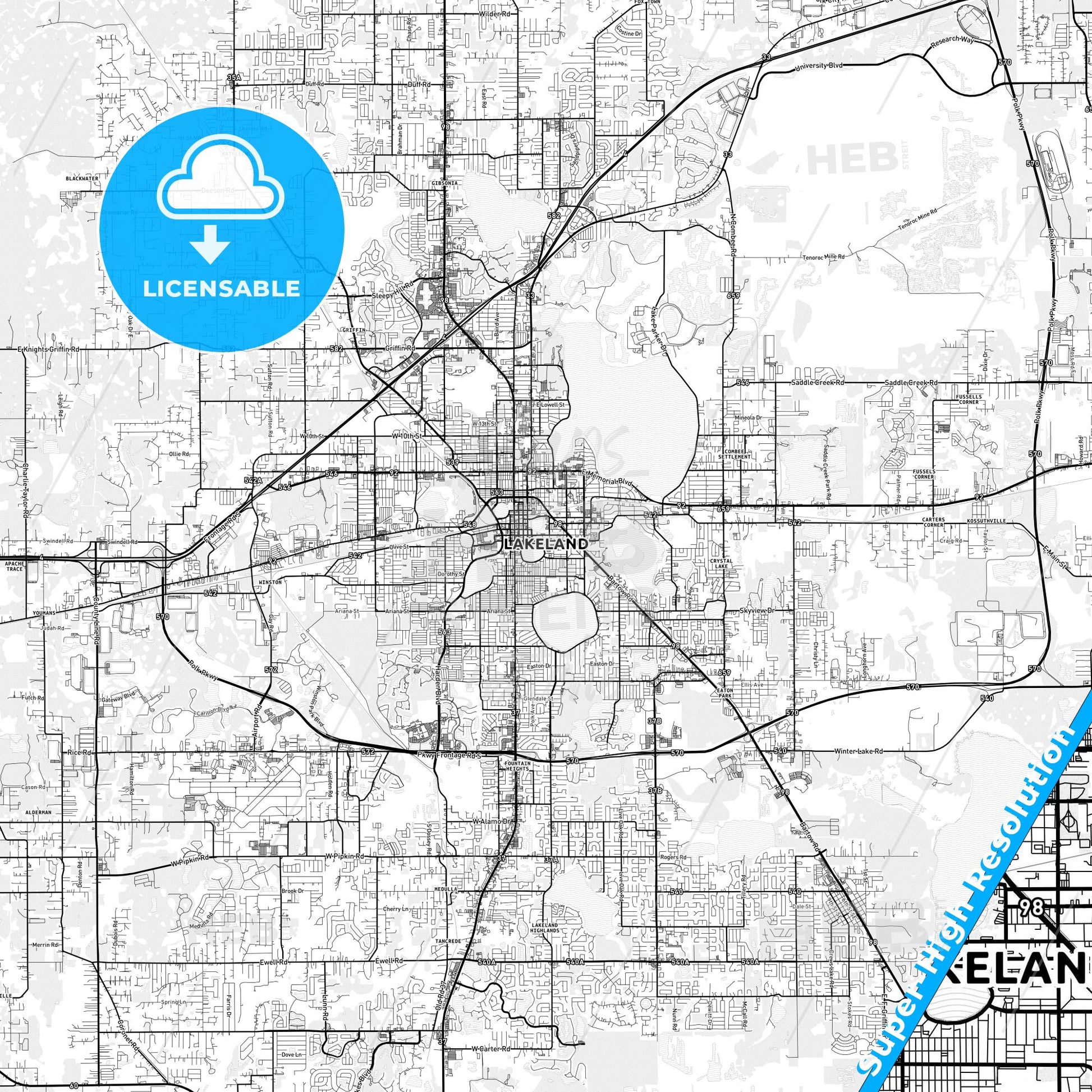 Lakeland, Florida light map with streetnames, citynames and districts