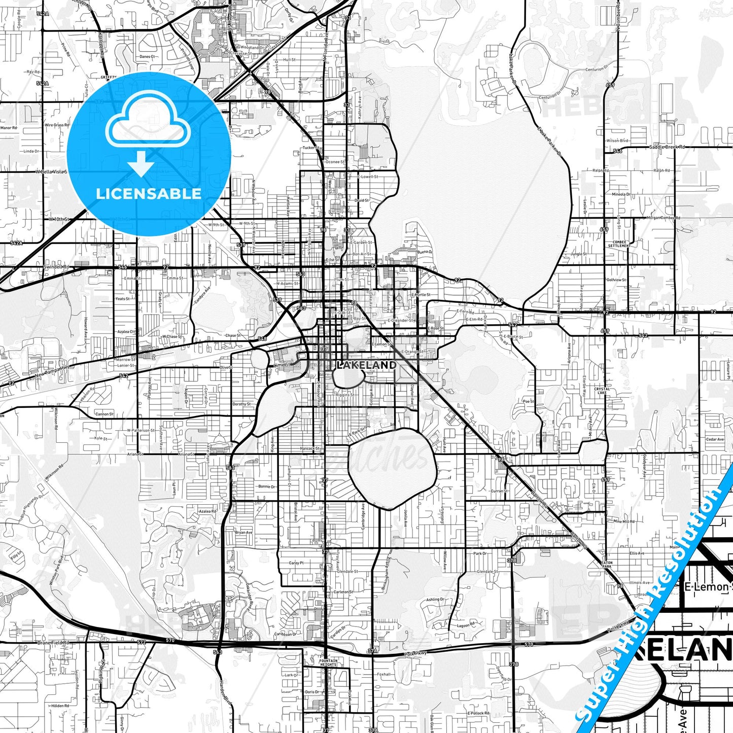 Lakeland, Florida Light Map with Street Names, City Names, and Districts