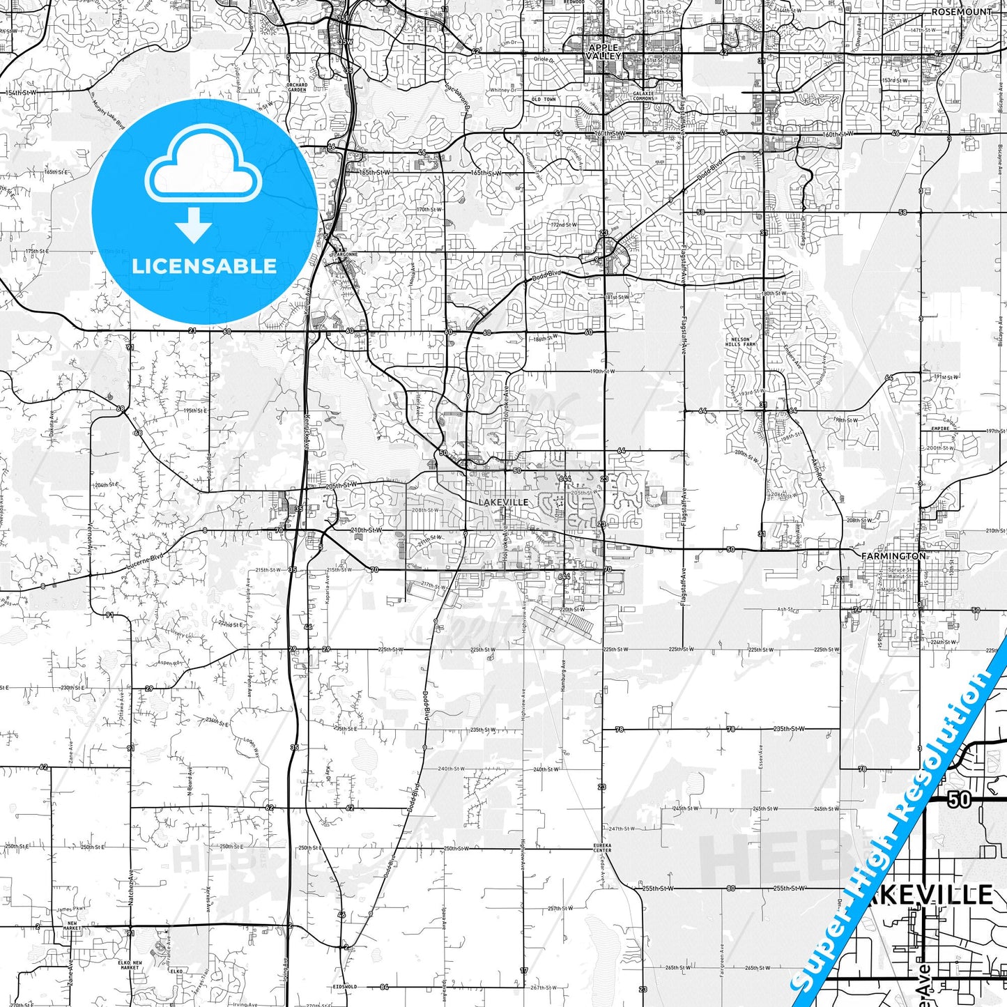 Lakeville, Minnesota light map with streetnames, citynames and districts