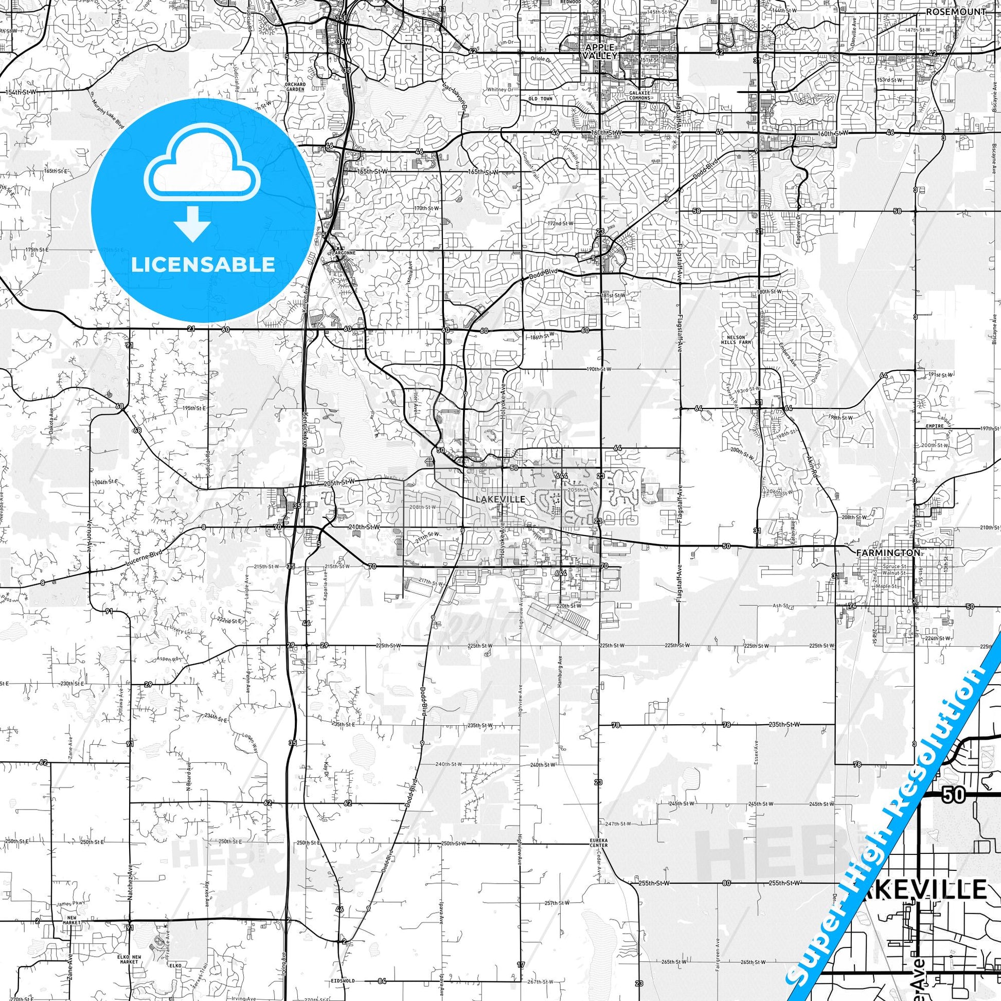 Lakeville, Minnesota light map with streetnames, citynames and districts