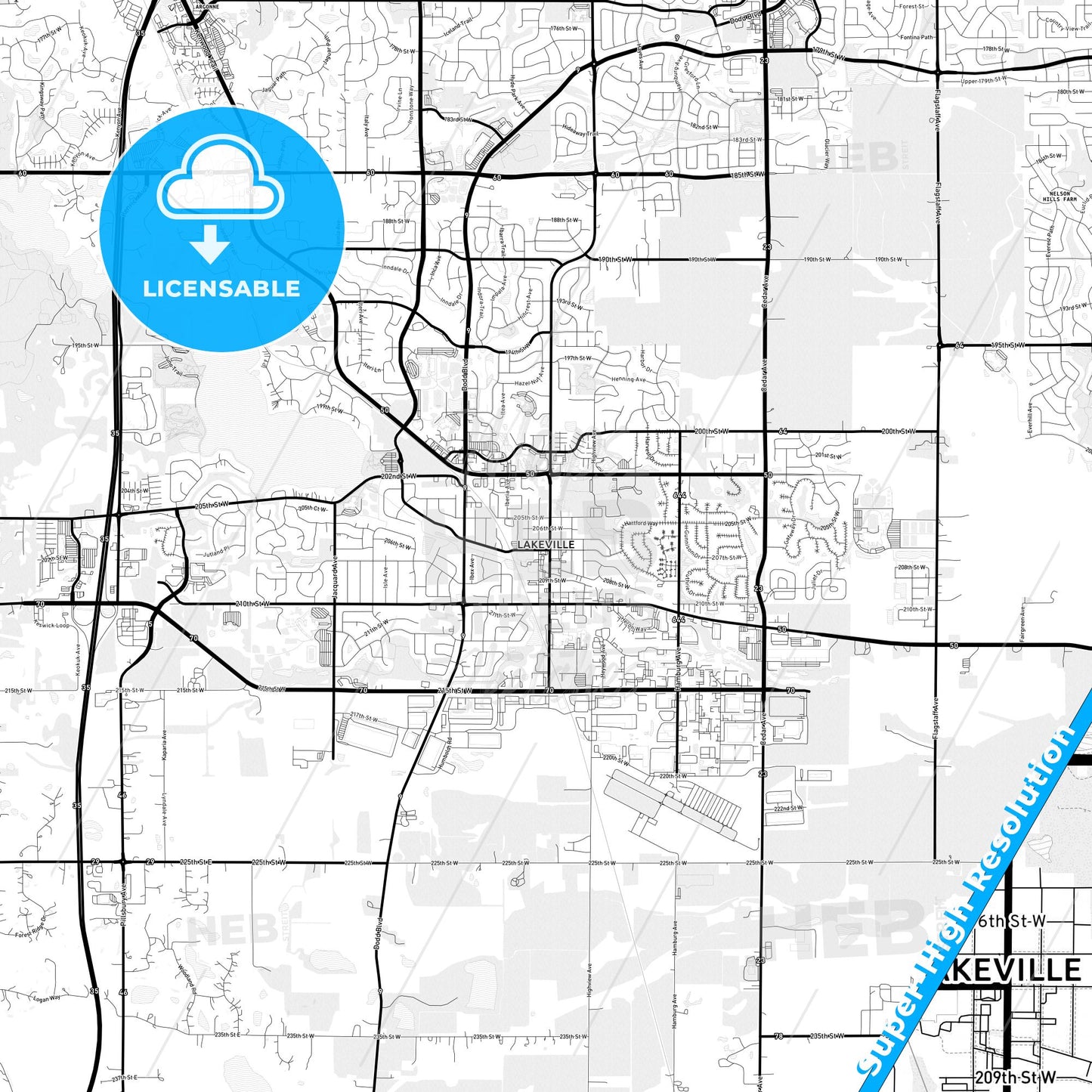 Lakeville, Minnesota Light Map with Street Names, City Names, and Districts