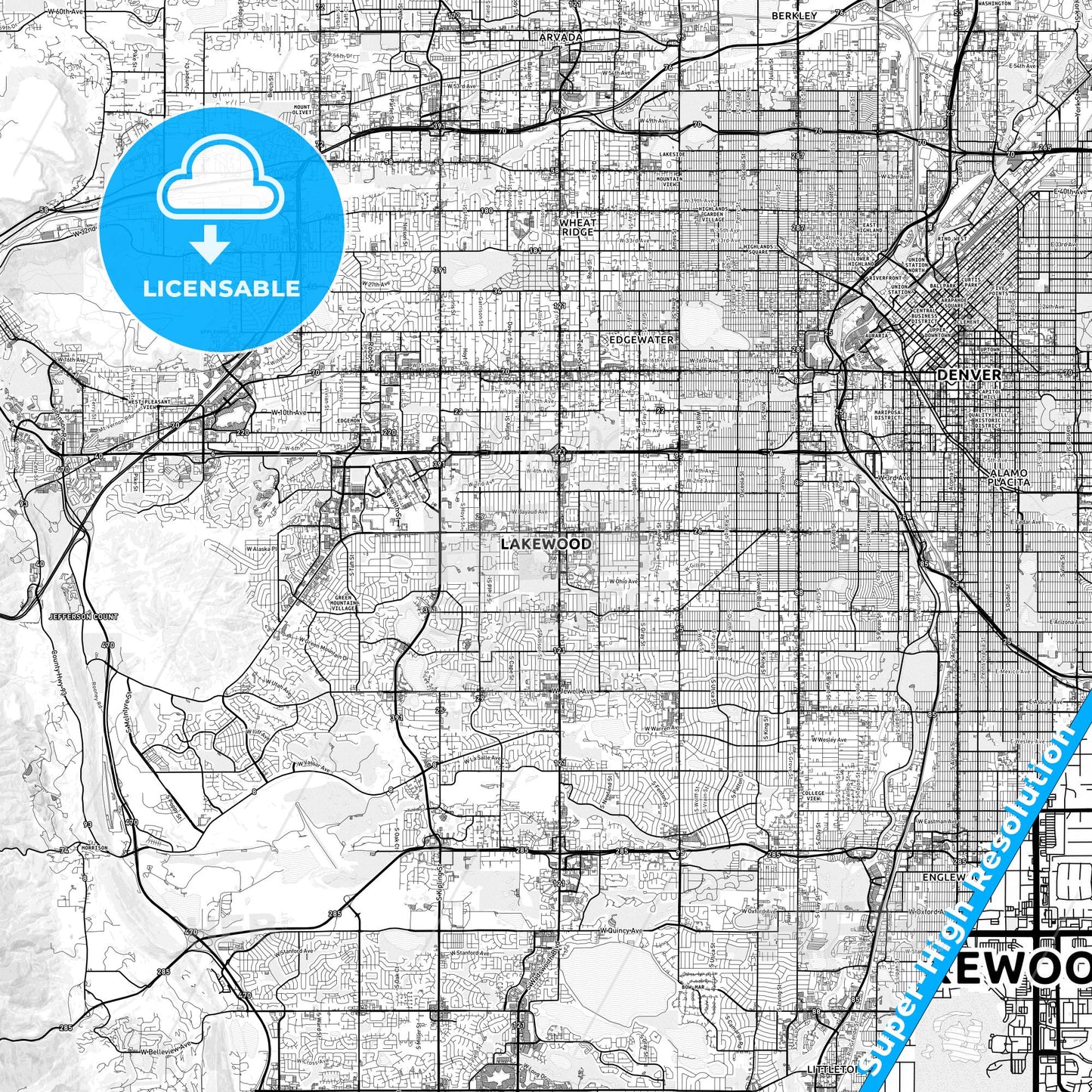 Lakewood, Colorado light map with streetnames, citynames and districts