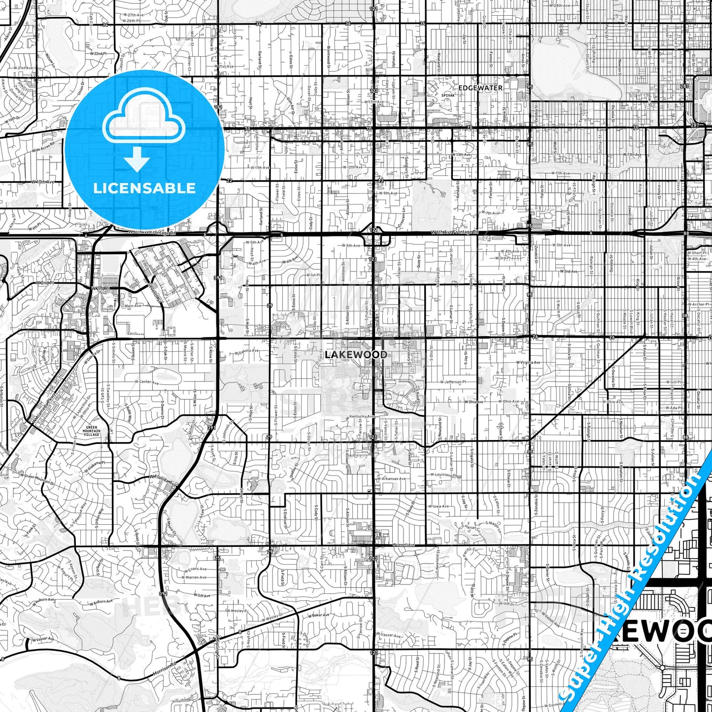 Lakewood, Colorado Light Map with Street Names, City Names, and Districts