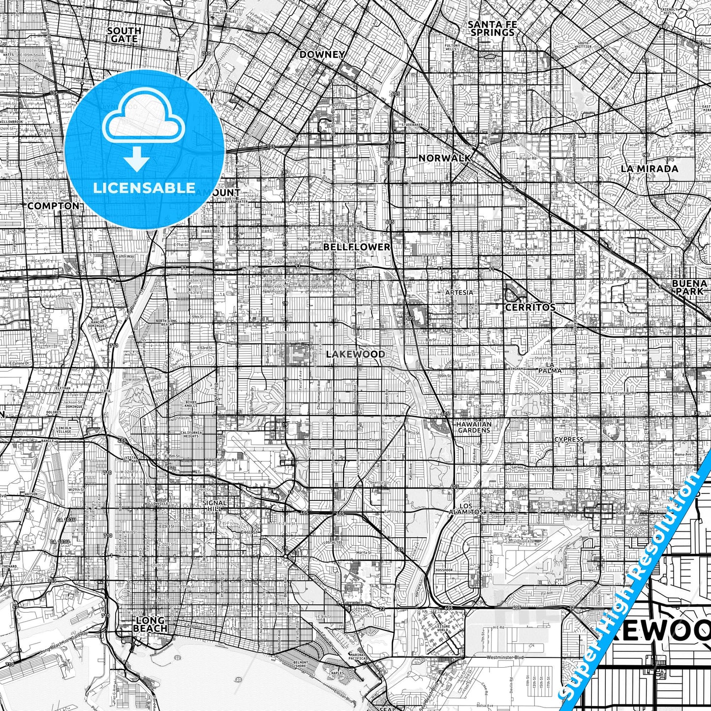 Lakewood, California light map with streetnames, citynames and districts
