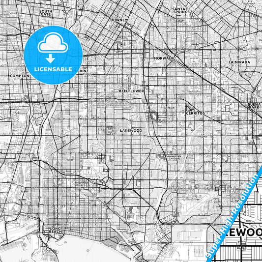 Lakewood, California light map with streetnames, citynames and districts
