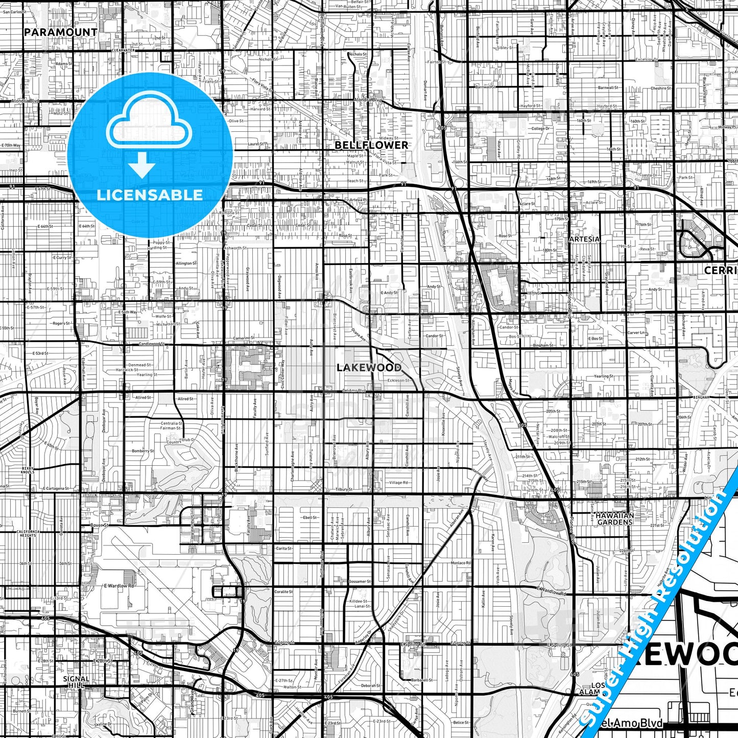 Lakewood, California Light Map with Street Names, City Names, and Districts