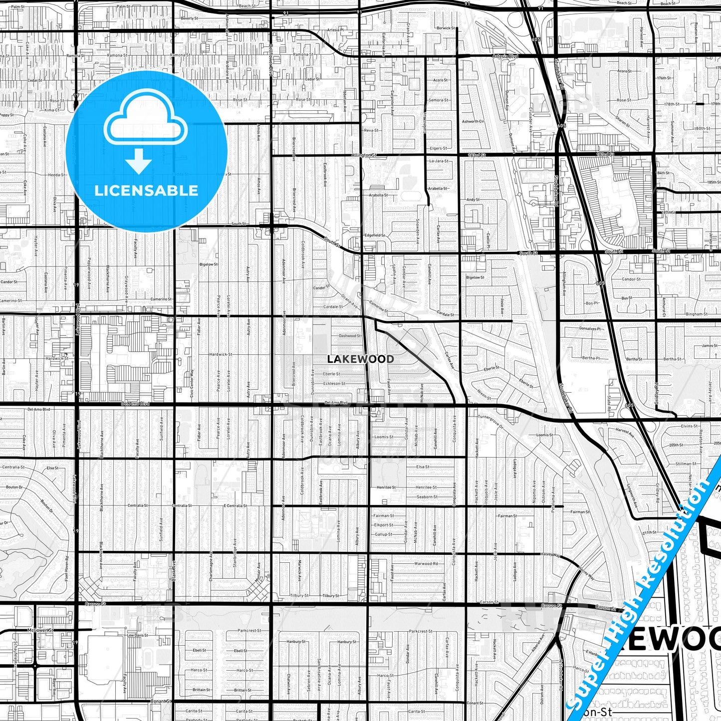 Lakewood, California Light Map with Street Names, City Names, and Districts