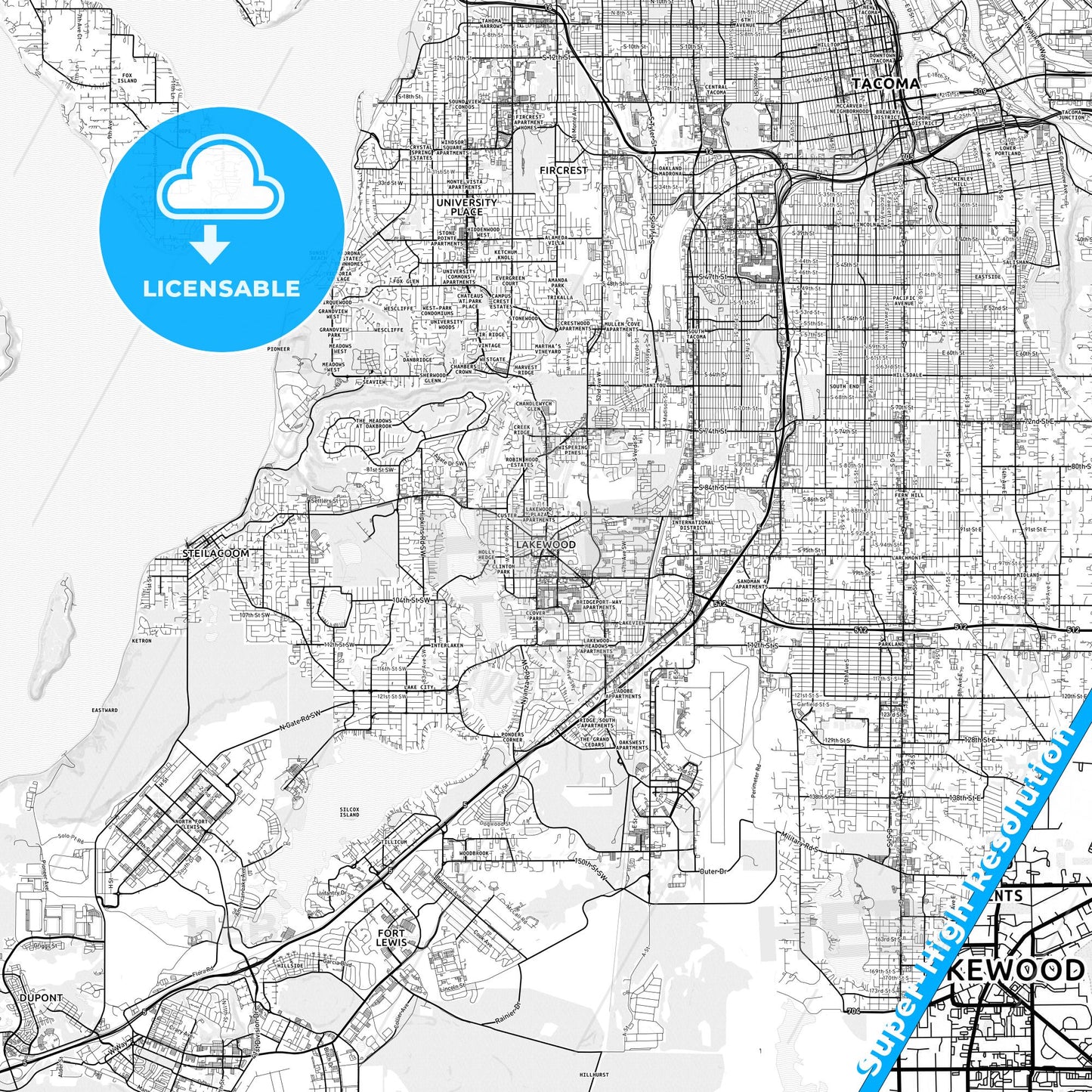 Lakewood, Washington light map with streetnames, citynames and districts